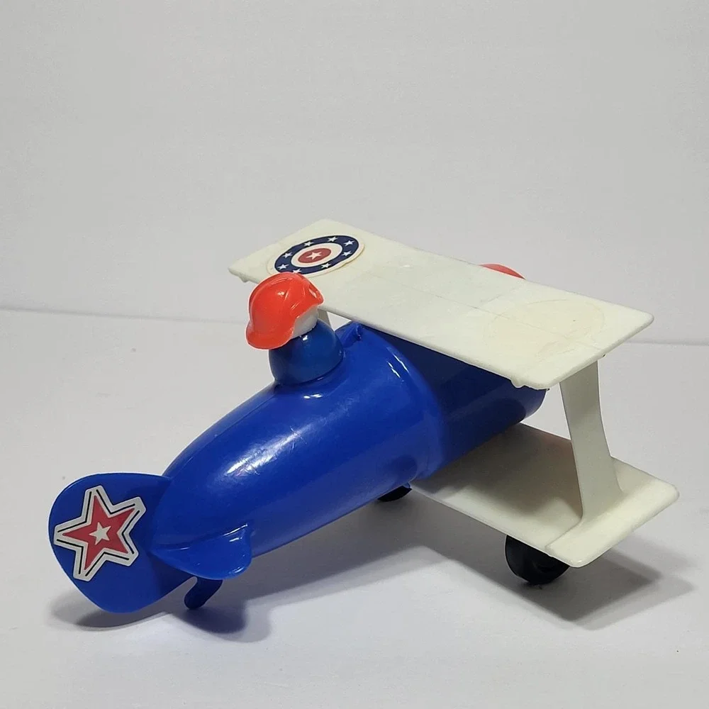 Vintage Fisher Price Little People Blue Biplane Airplane Toy with Pilot Figure